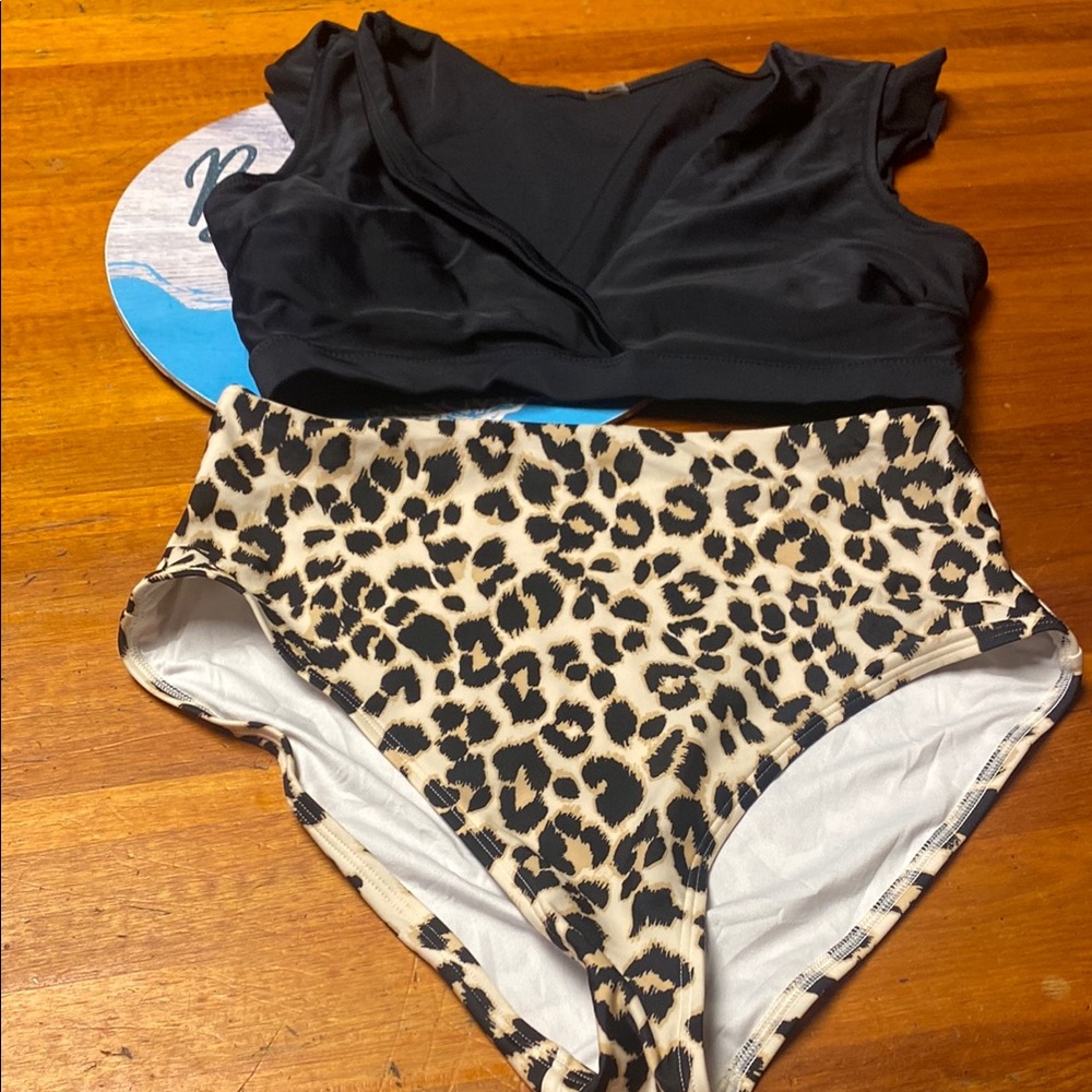 Old Navy Black Crop Swim Top with Leopard High-Waist Bikini Bottoms